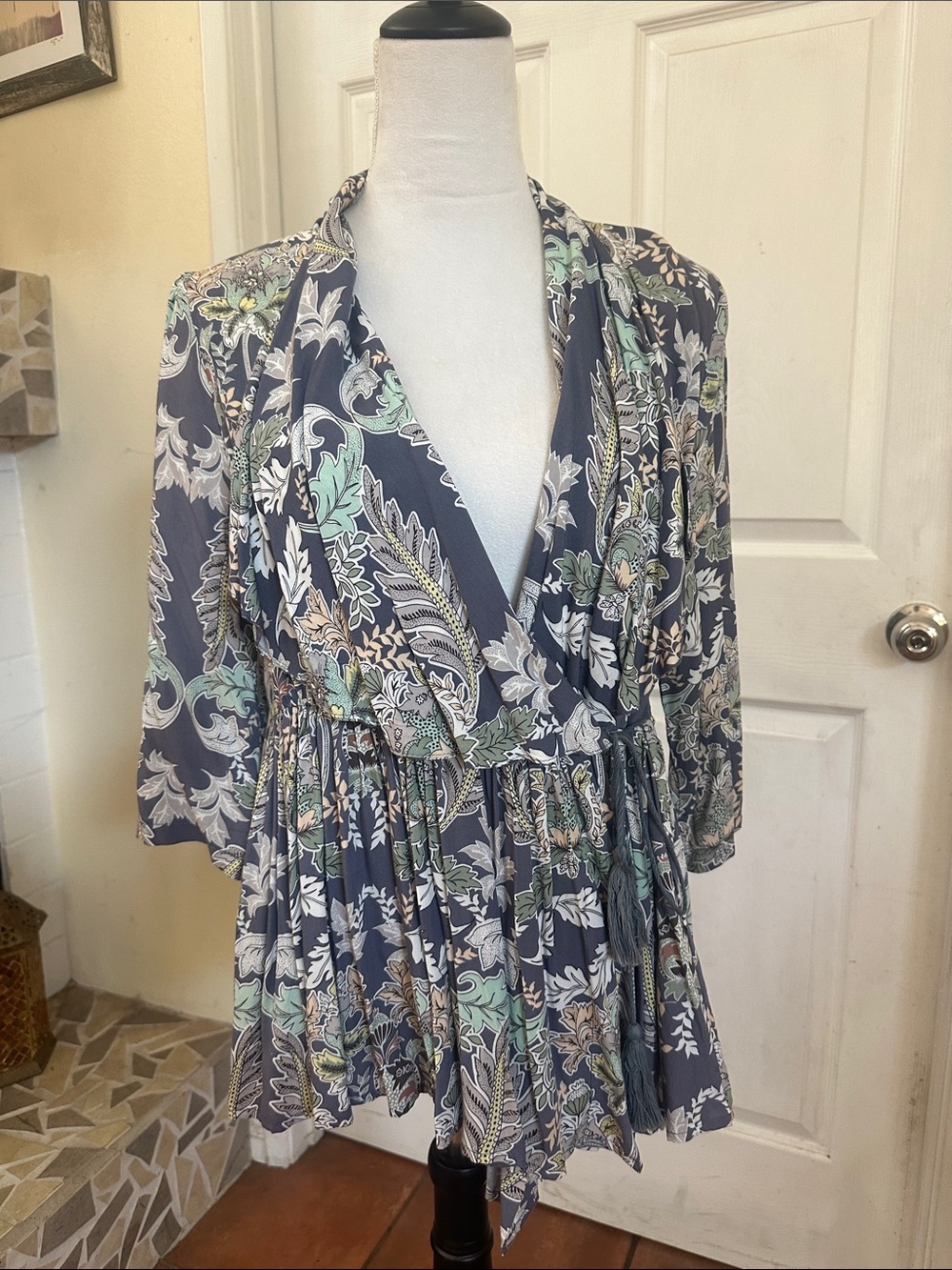 Jaass Floral Wrap Blouse in Navy and Mint